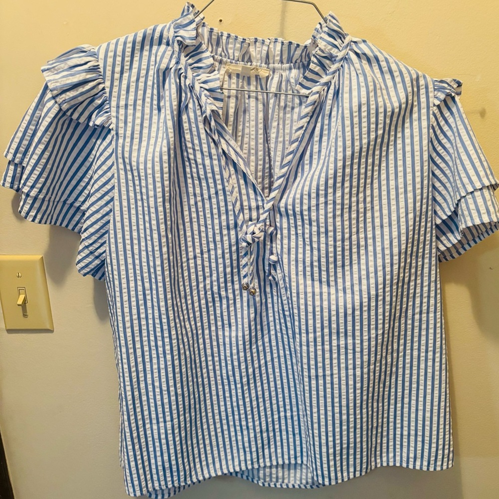 Entro Blue and White Striped Ruffle Blouse
